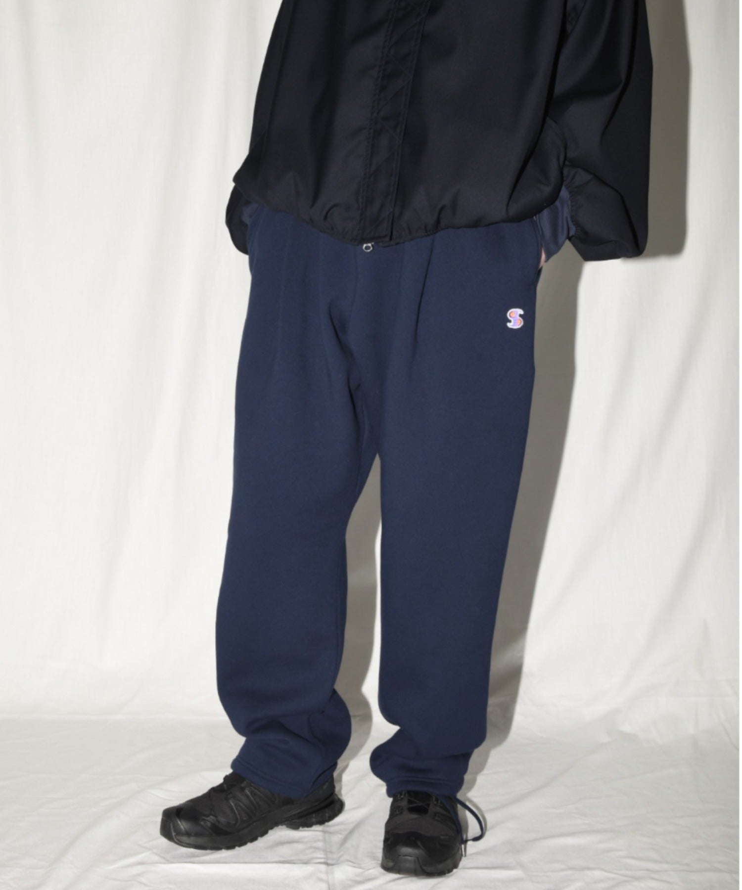 無地ワンポイント裏起毛スウェットパンツ/Wide sweat trousers - navy
