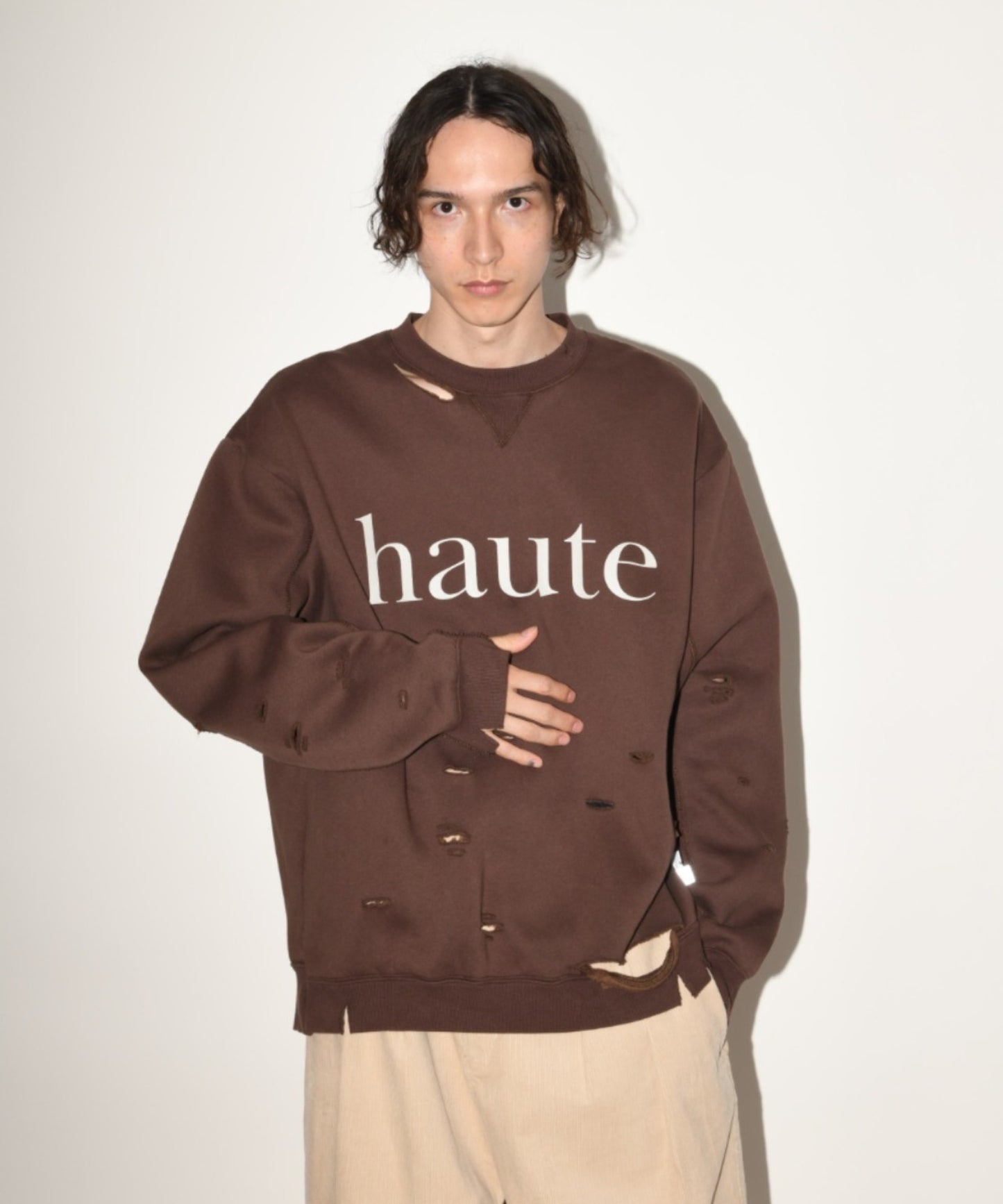 "haute" damage sweat crew neck - black