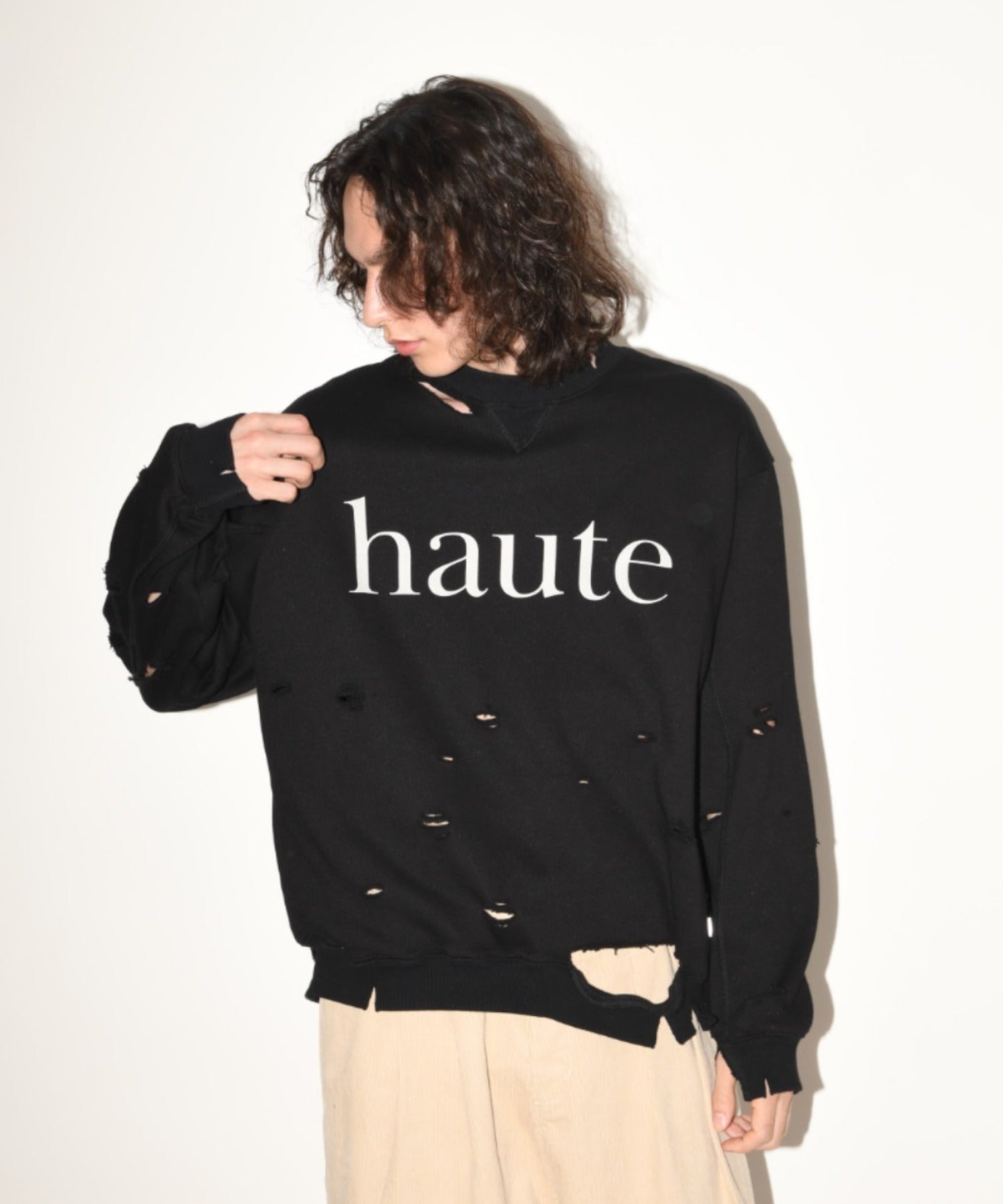 "haute" damage sweat crew neck - brown