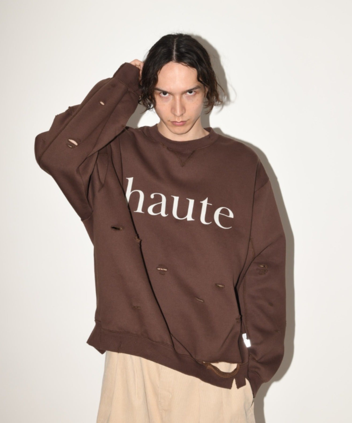 "haute" damage sweat crew neck - brown