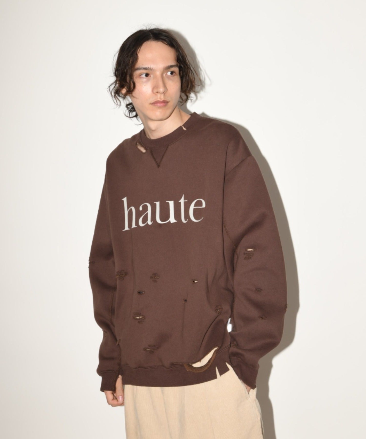 "haute" damage sweat crew neck - brown