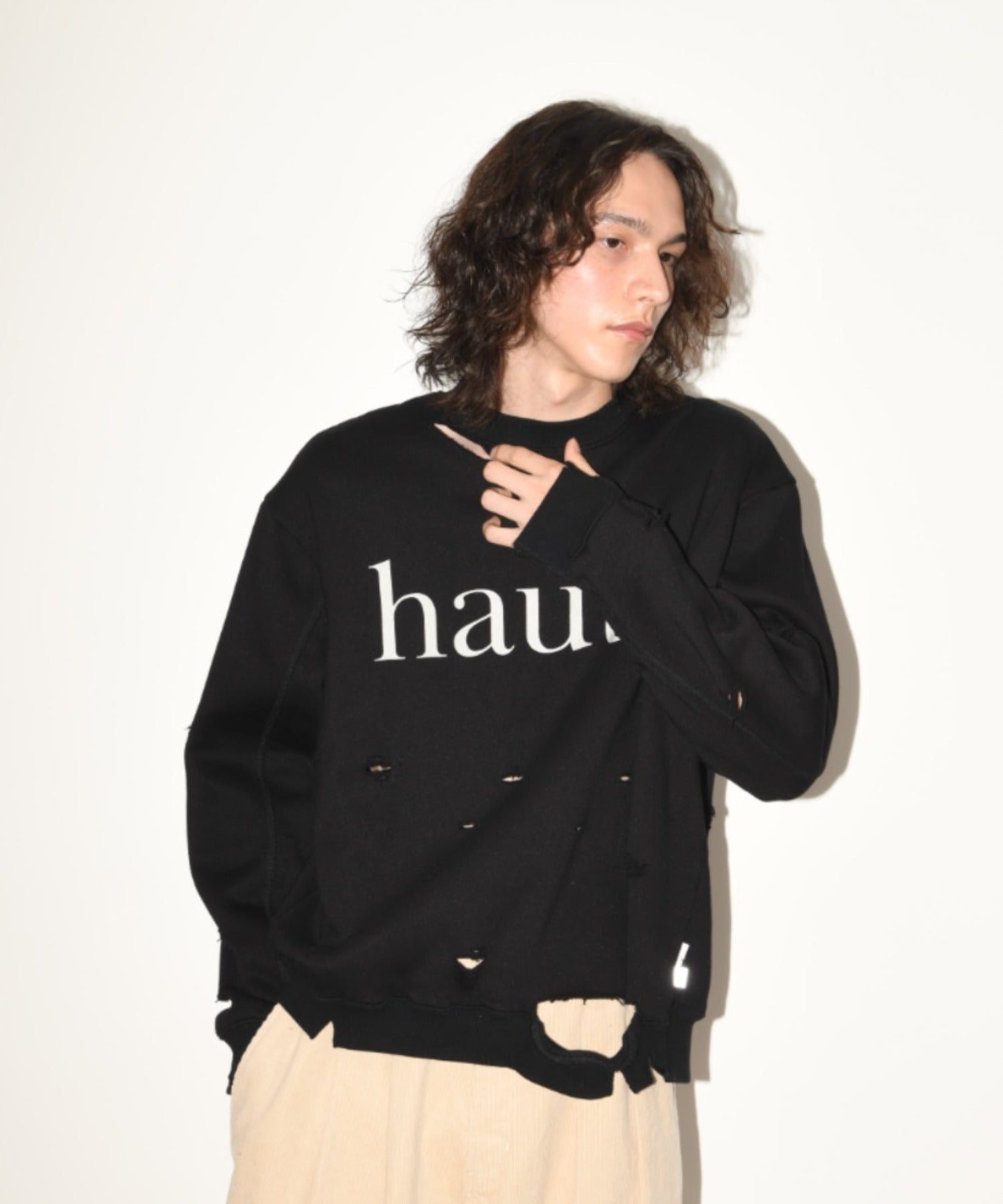 "haute" damage sweat crew neck - brown