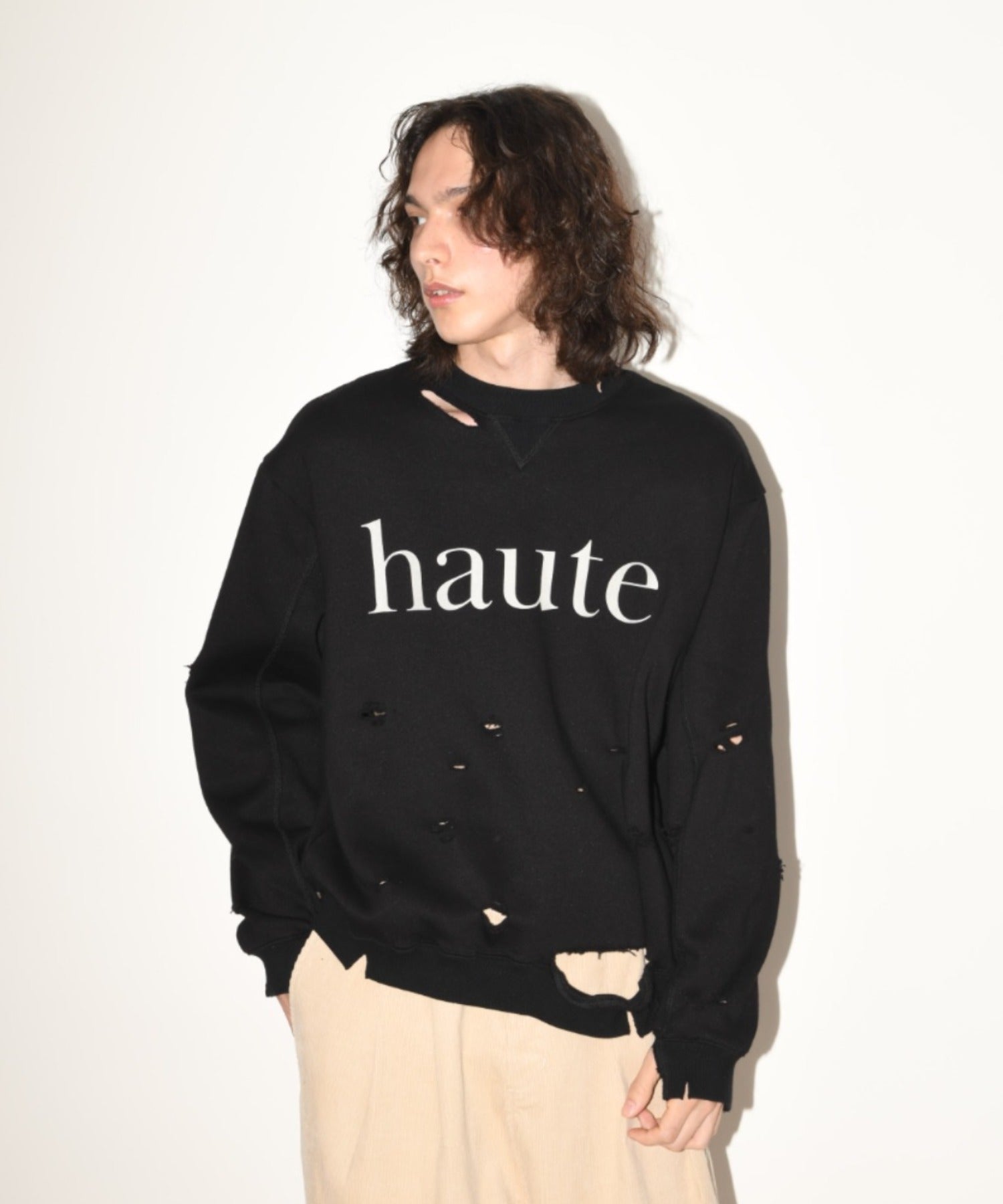 "haute" damage sweat crew neck - brown