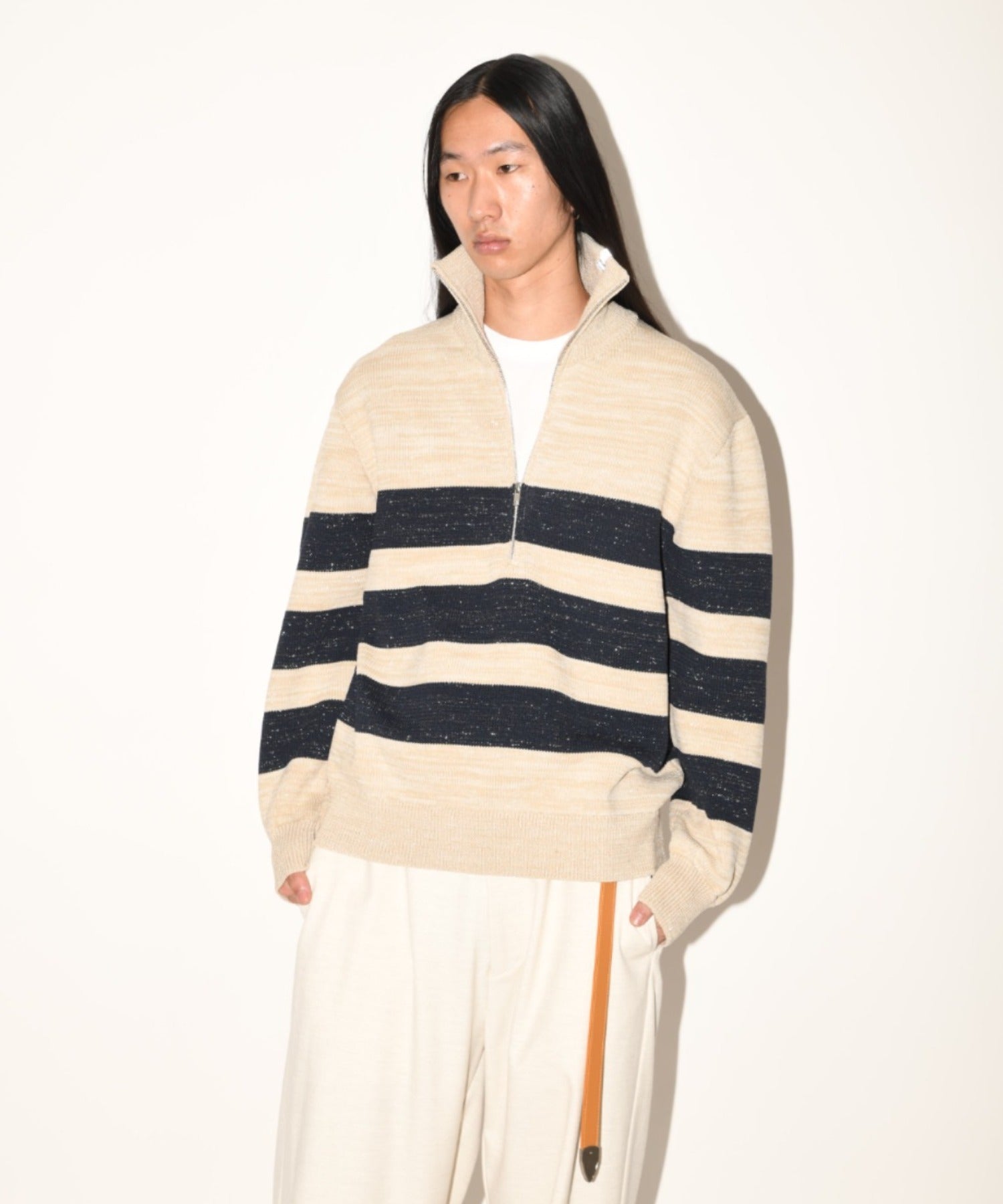 Glitter mix half zip border knit - black mix