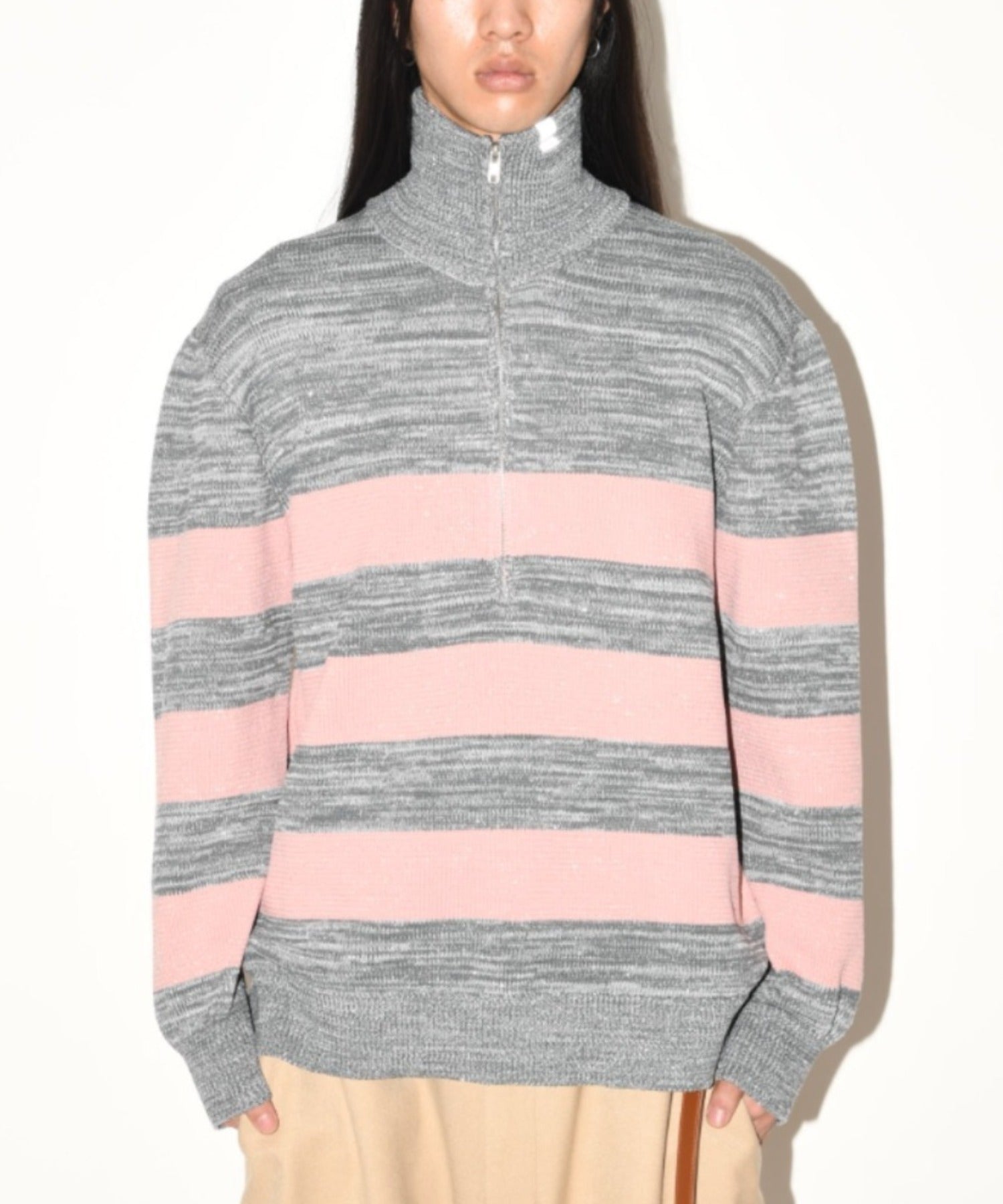 Glitter mix half zip border knit - black mix