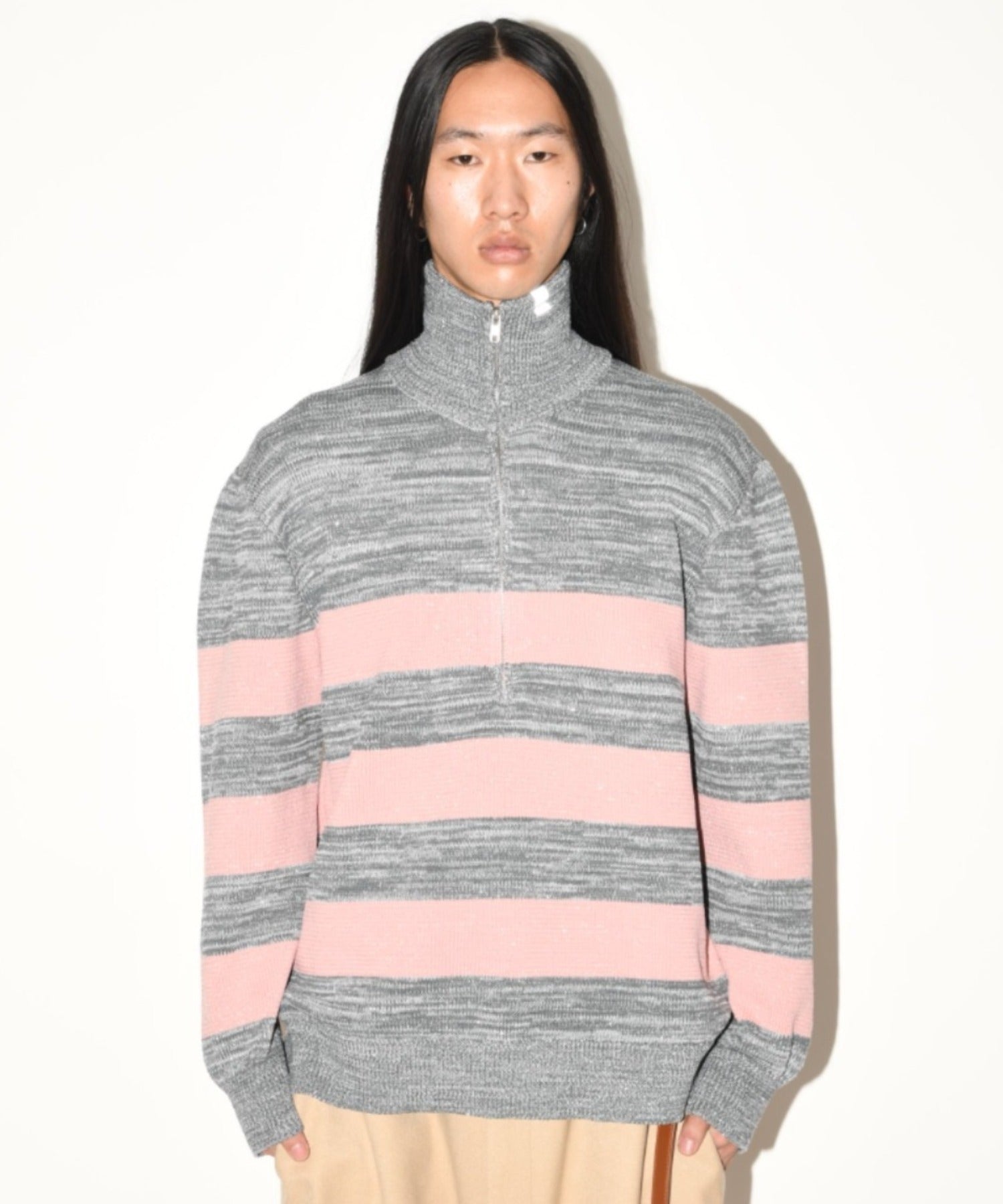 Glitter mix half zip border knit - black mix