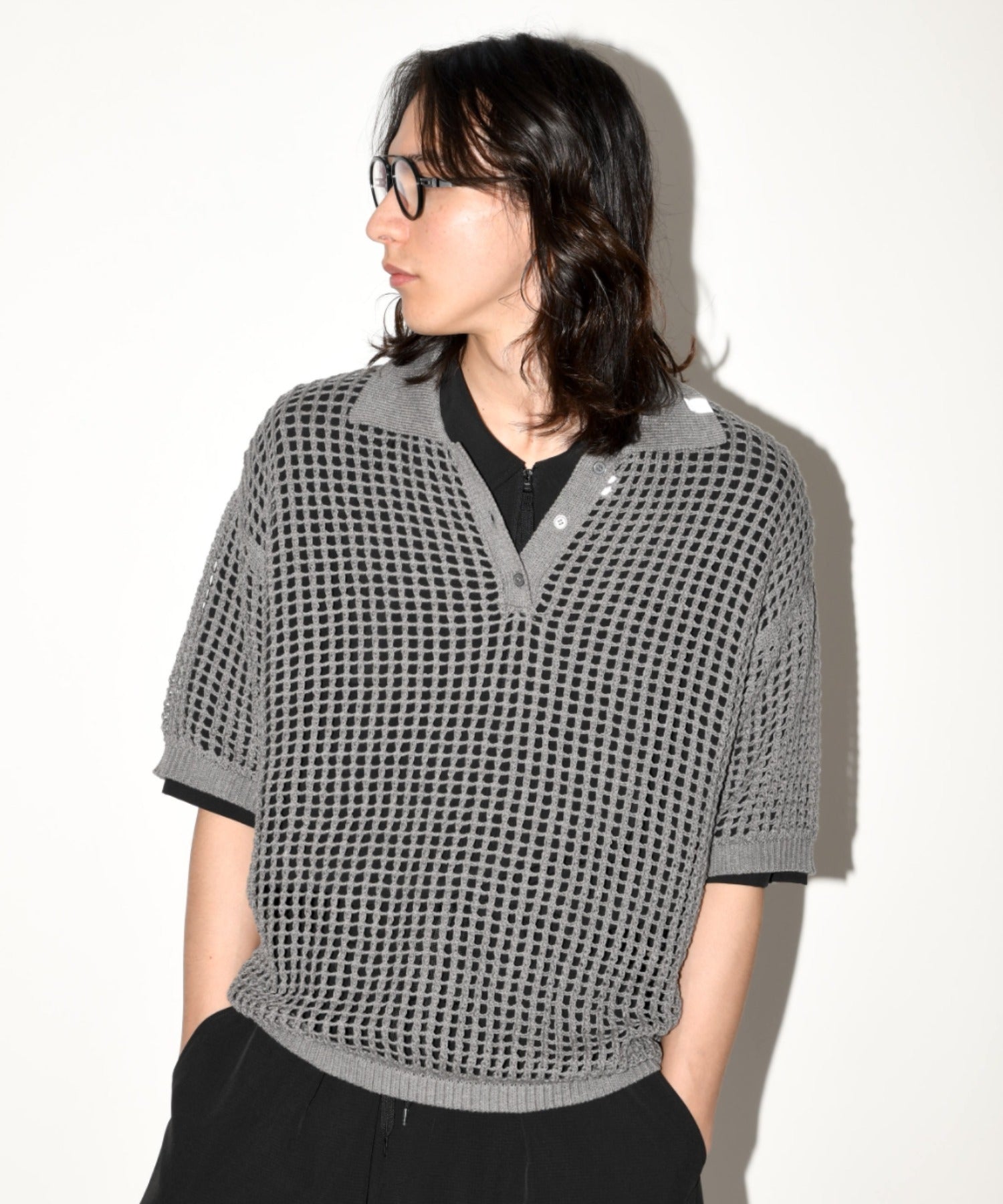 Mesh knit polo shirt - gray