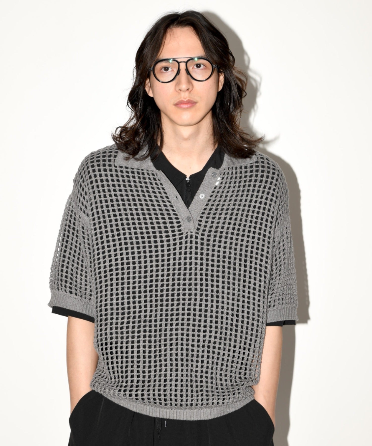 Mesh knit polo shirt - black