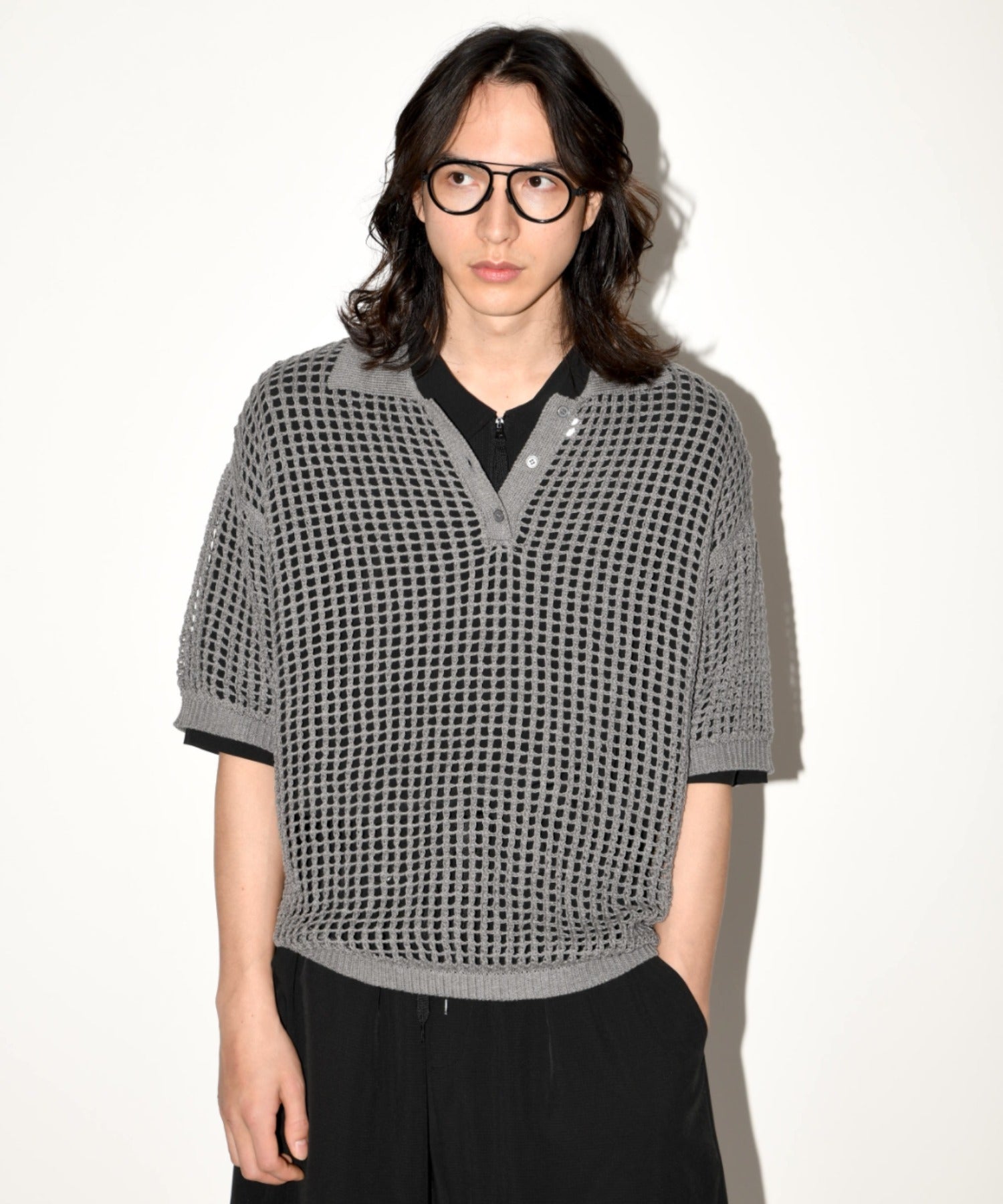 Mesh knit polo shirt - khaki