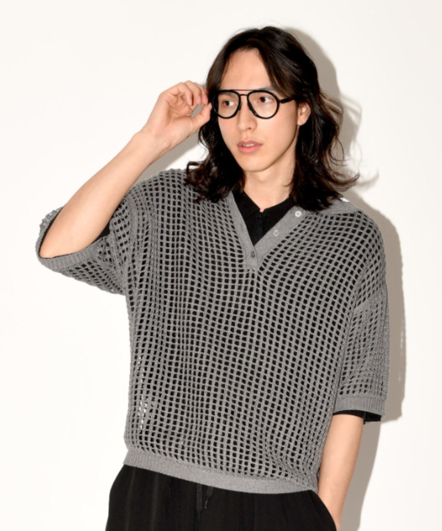 Mesh knit polo shirt - gray
