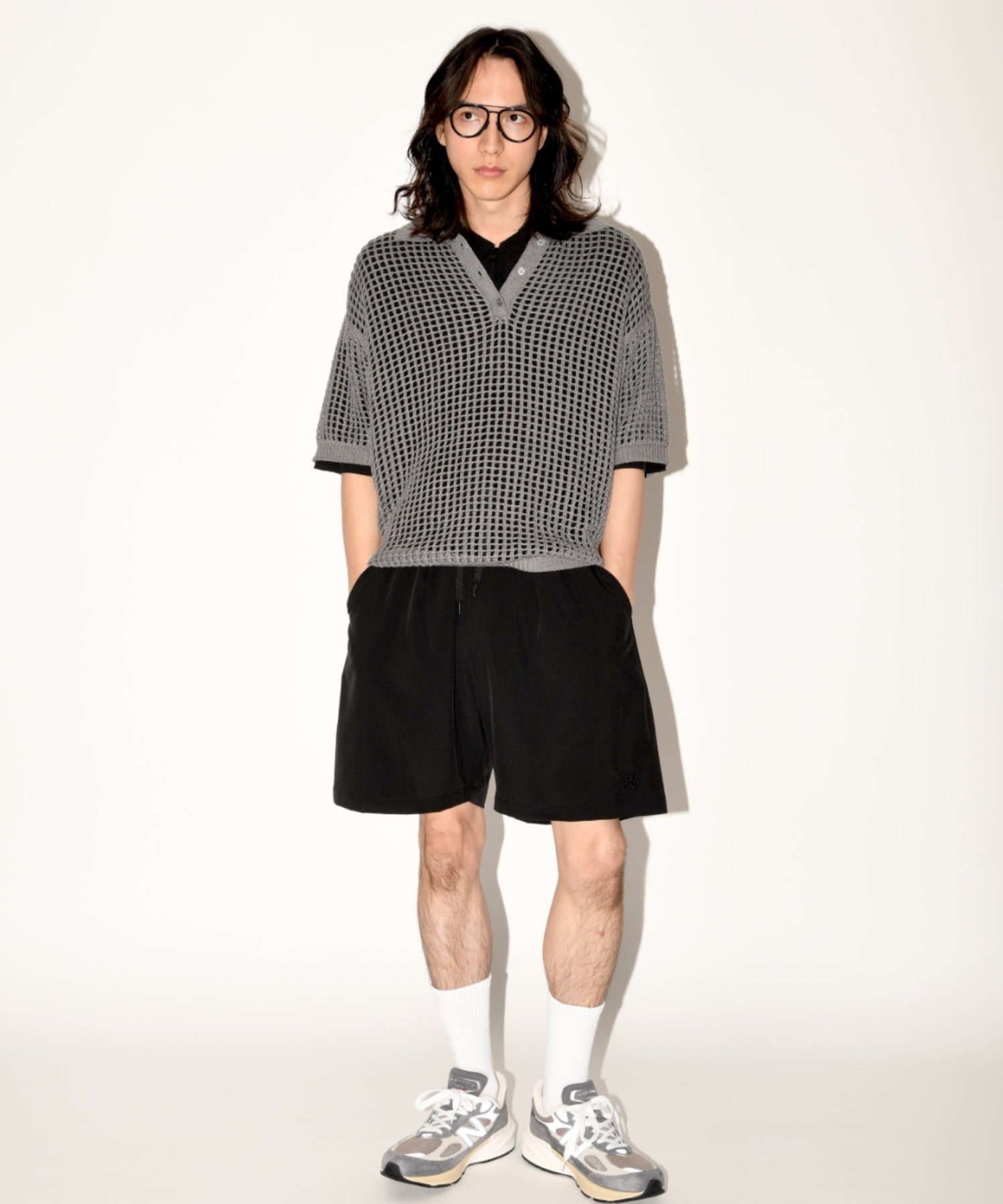 Mesh knit polo shirt - black