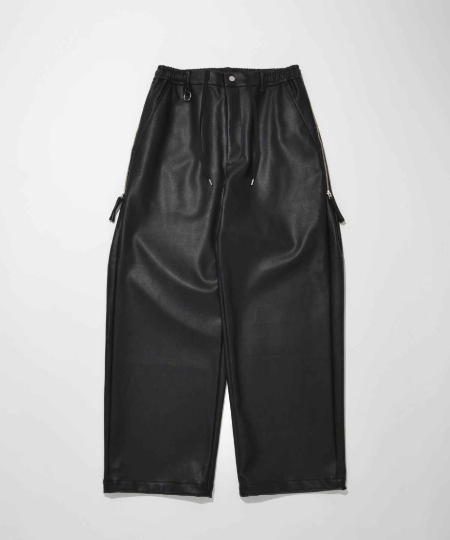Faux Leather Side-zip Wide Pants - black