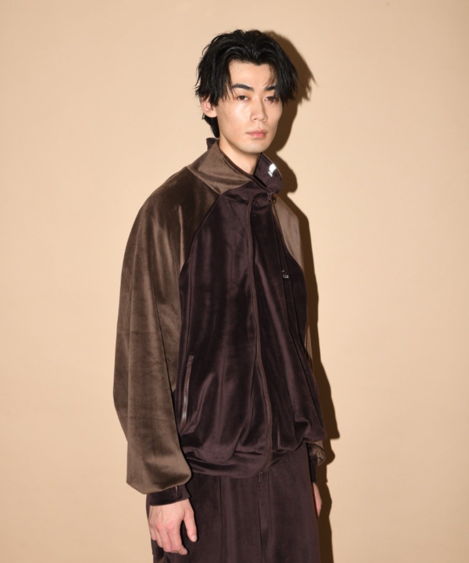 Velour Panel Stand-collar Blouson - black/gray