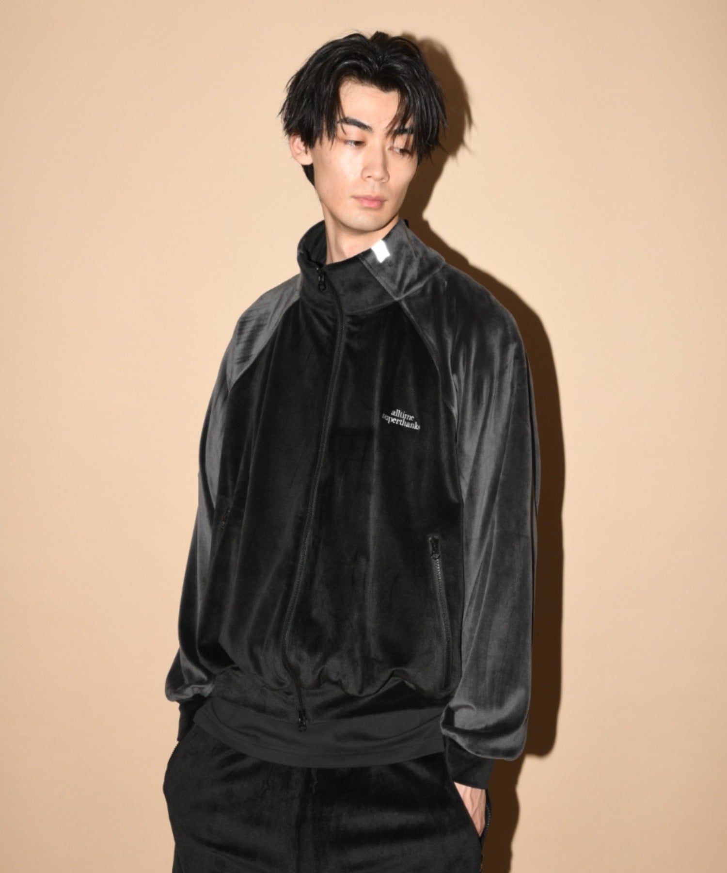 Velour Panel Stand-collar Blouson - black/gray