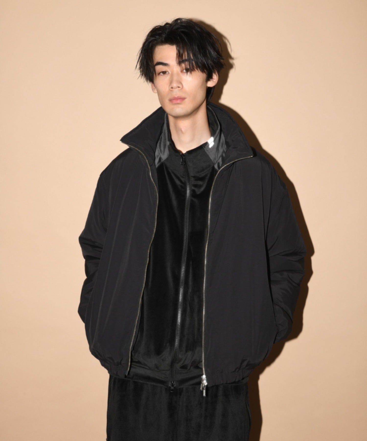 Velour Panel Stand-collar Blouson - brown/brown
