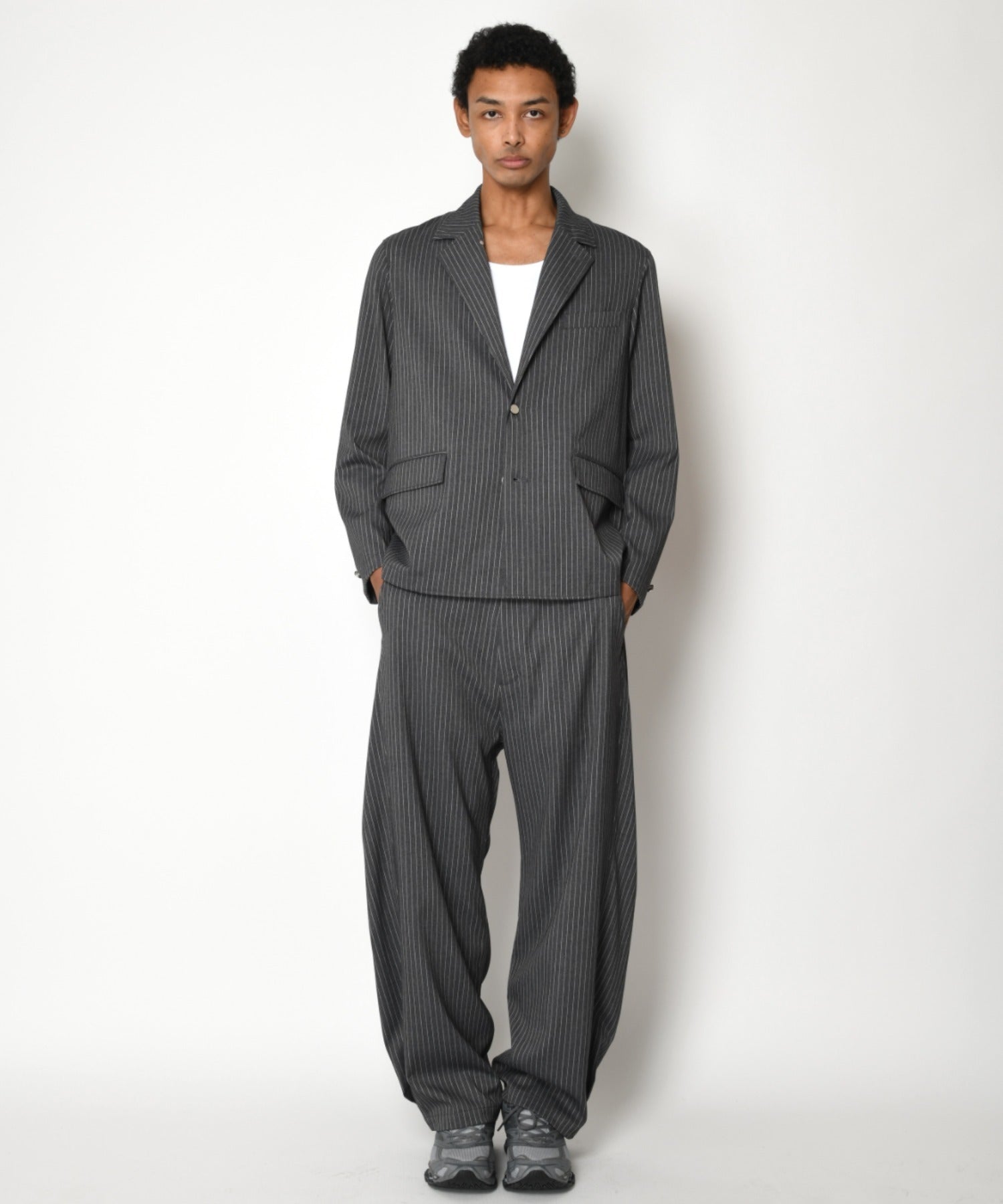 TR Pinstripe Side-tuck Wide Pants - gray/white