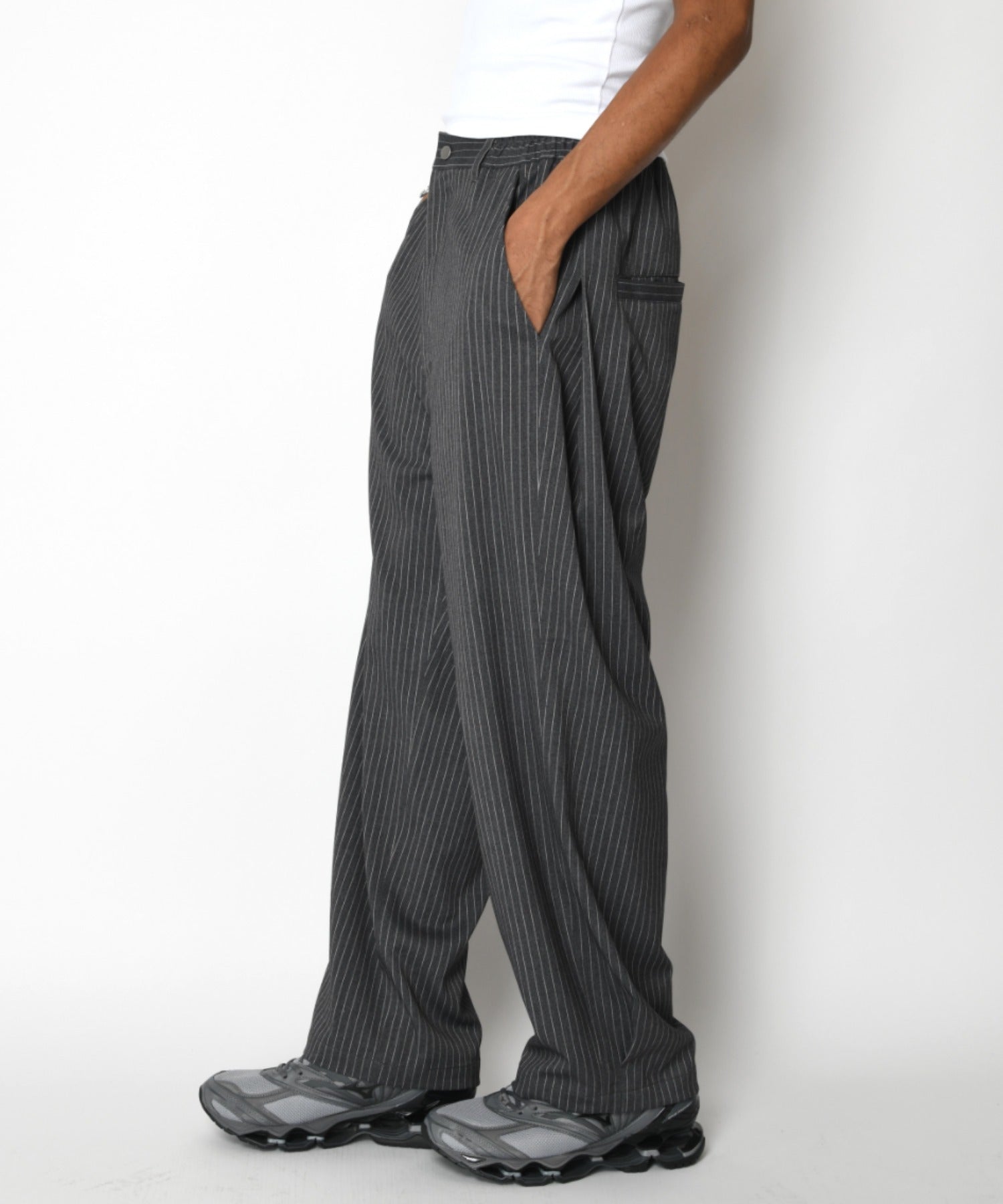 TR Pinstripe Side-tuck Wide Pants - gray/white