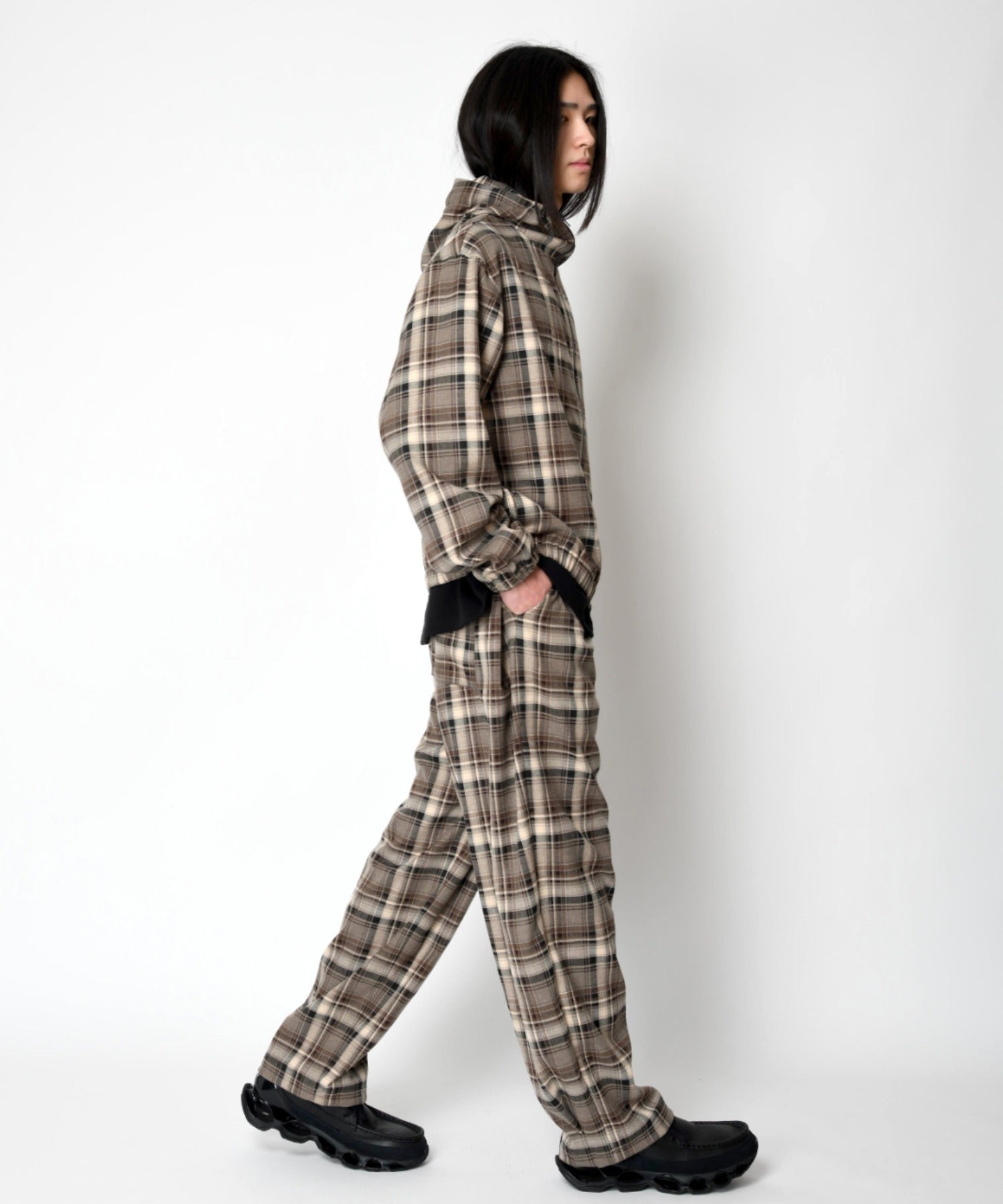 Side-tuck balloon pants - beige check