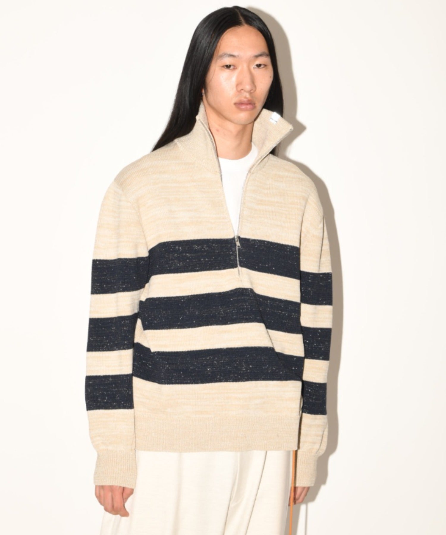 Glitter mix half zip border knit - beige mix
