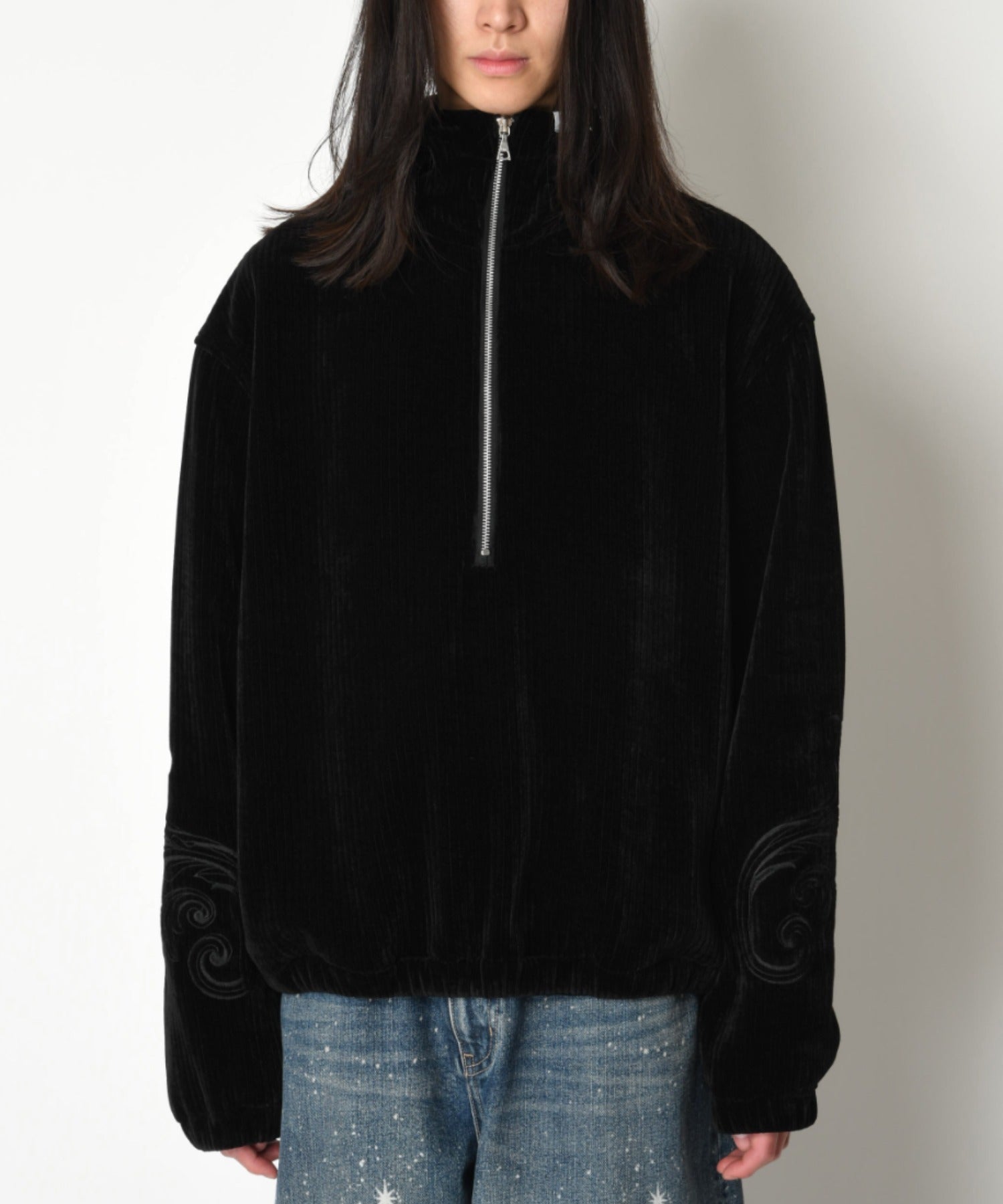 Stretch corduroy Half zip hoodie - black
