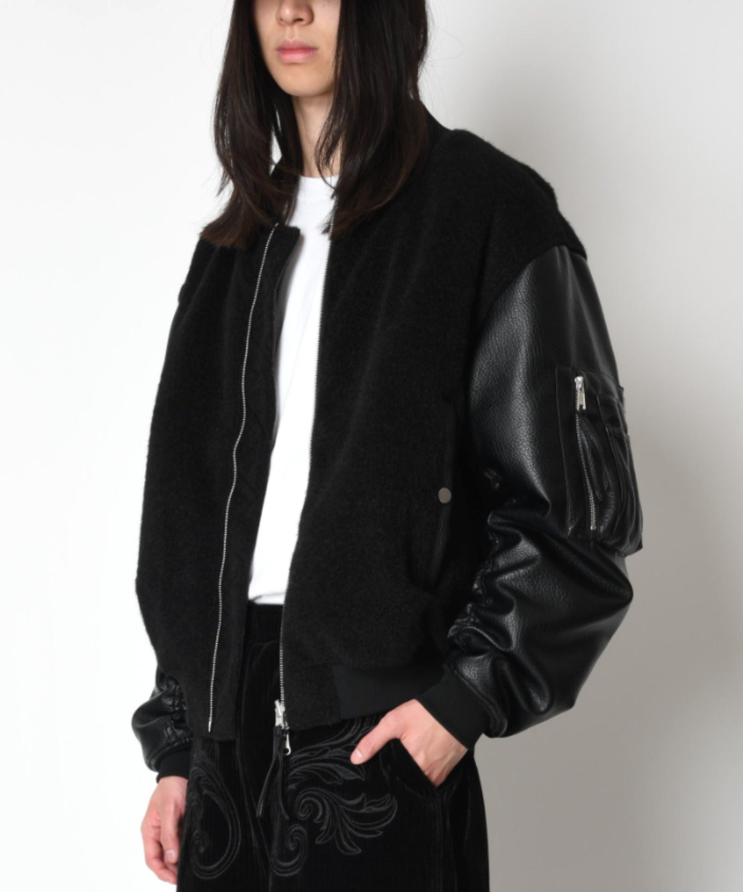Fur/Shrink faux leather Reversible Flight jacket  - black/black