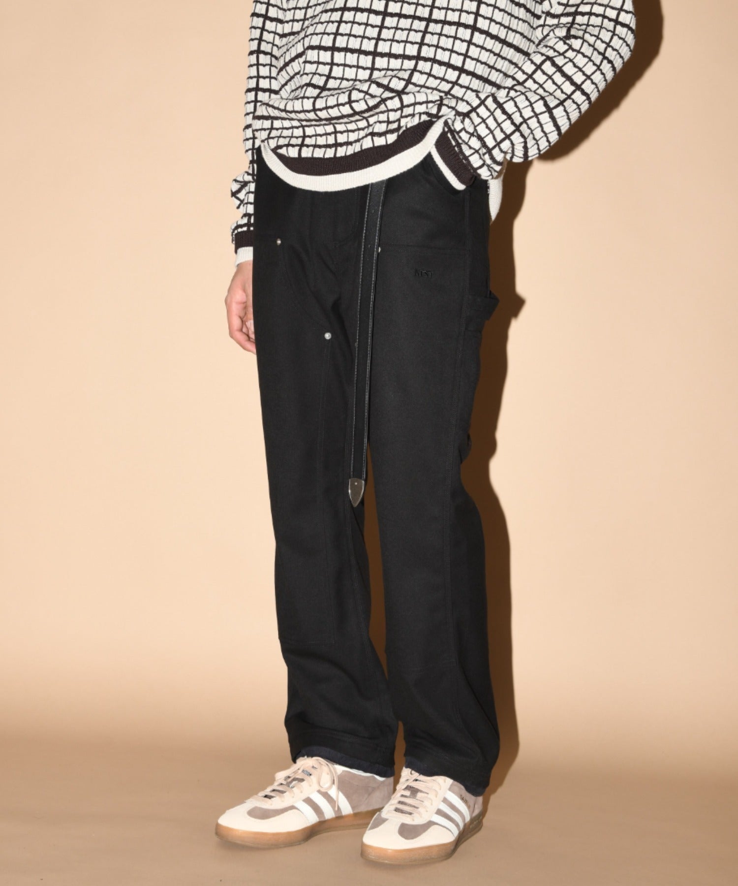 Layered hem Double knee Pants - black