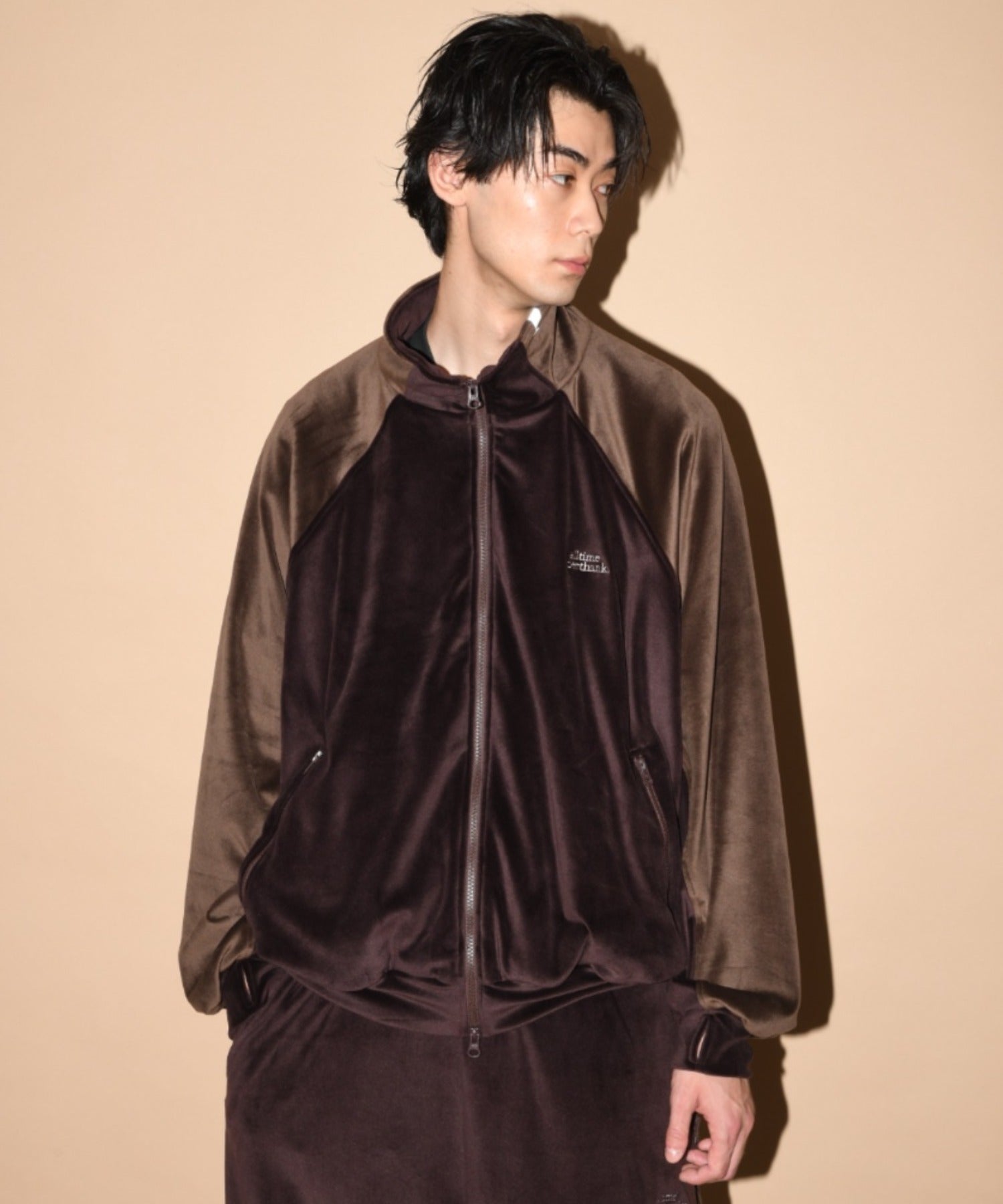 Velour Panel Stand-collar Blouson - brown/brown