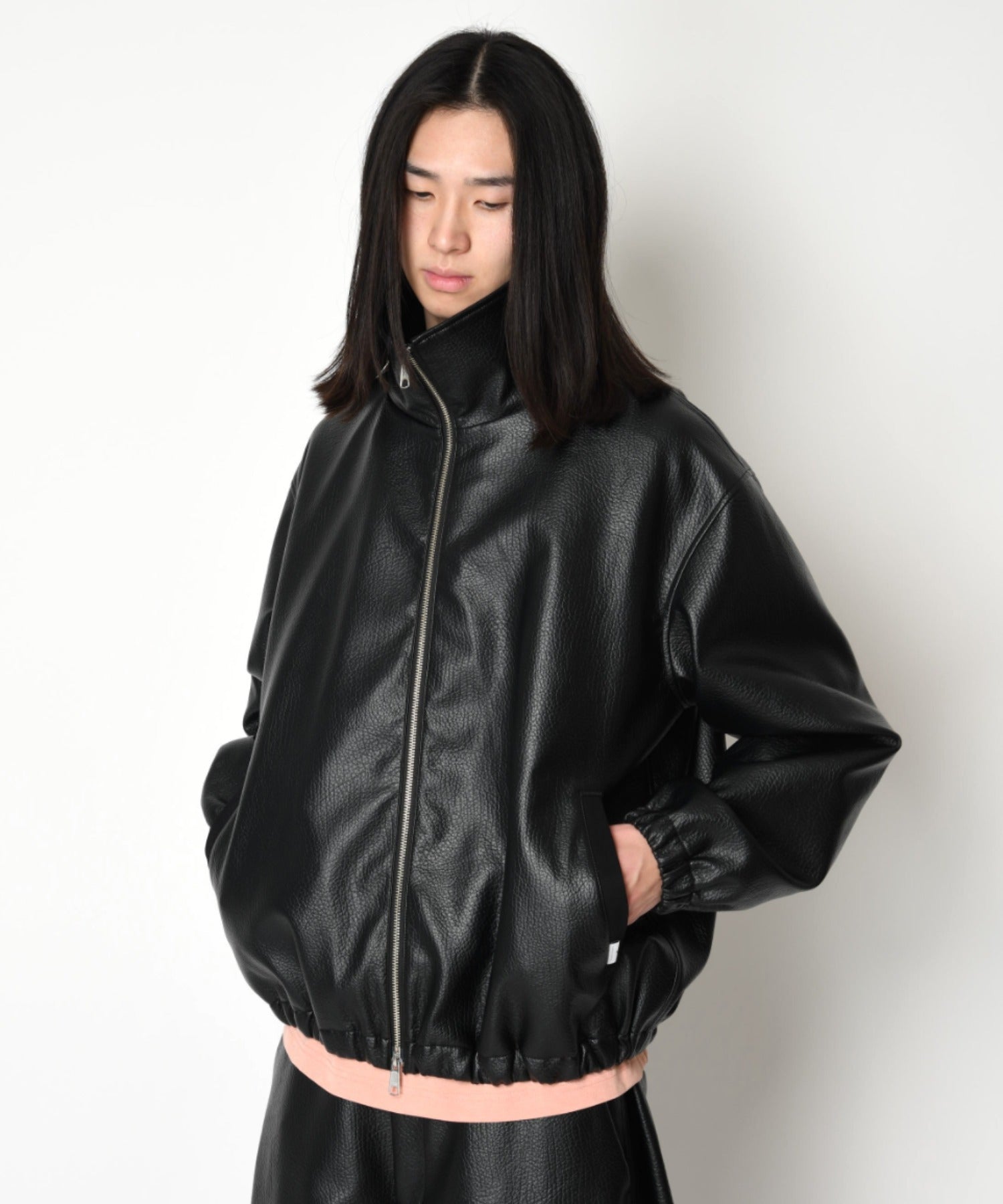 Shrink faux leather stand-collar zip blouson - faux leather black