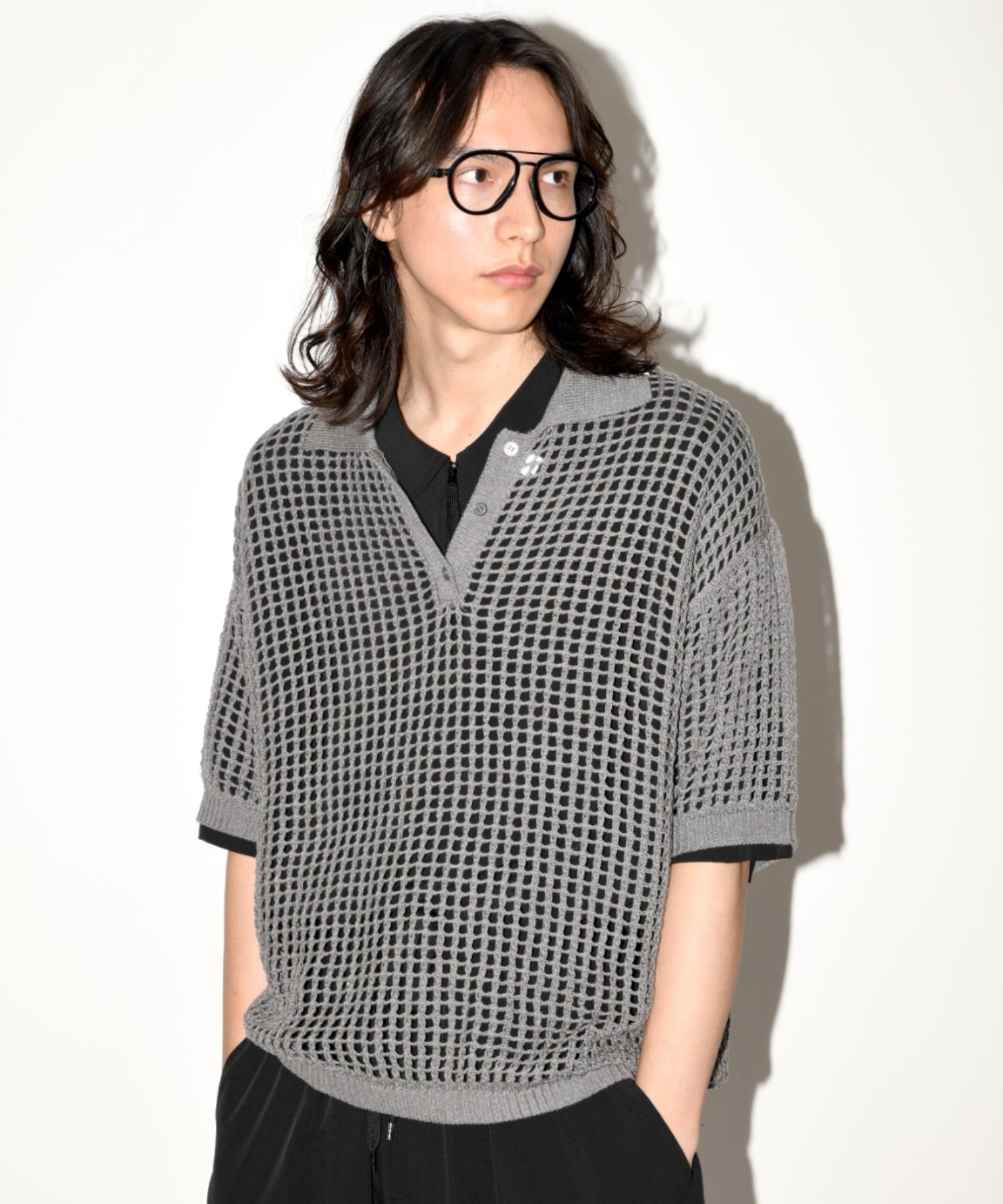 Mesh knit polo shirt - gray