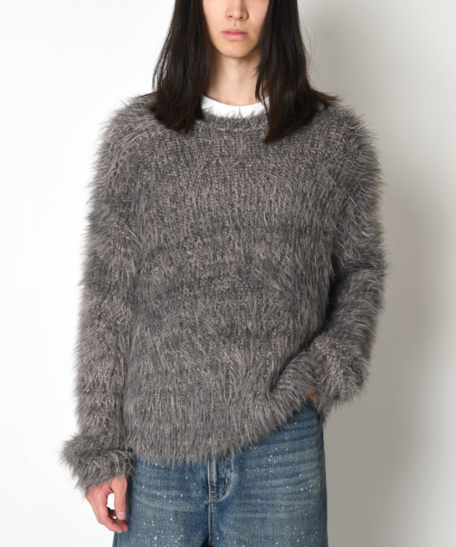 Crew neck volume shaggy knit - gray/bk