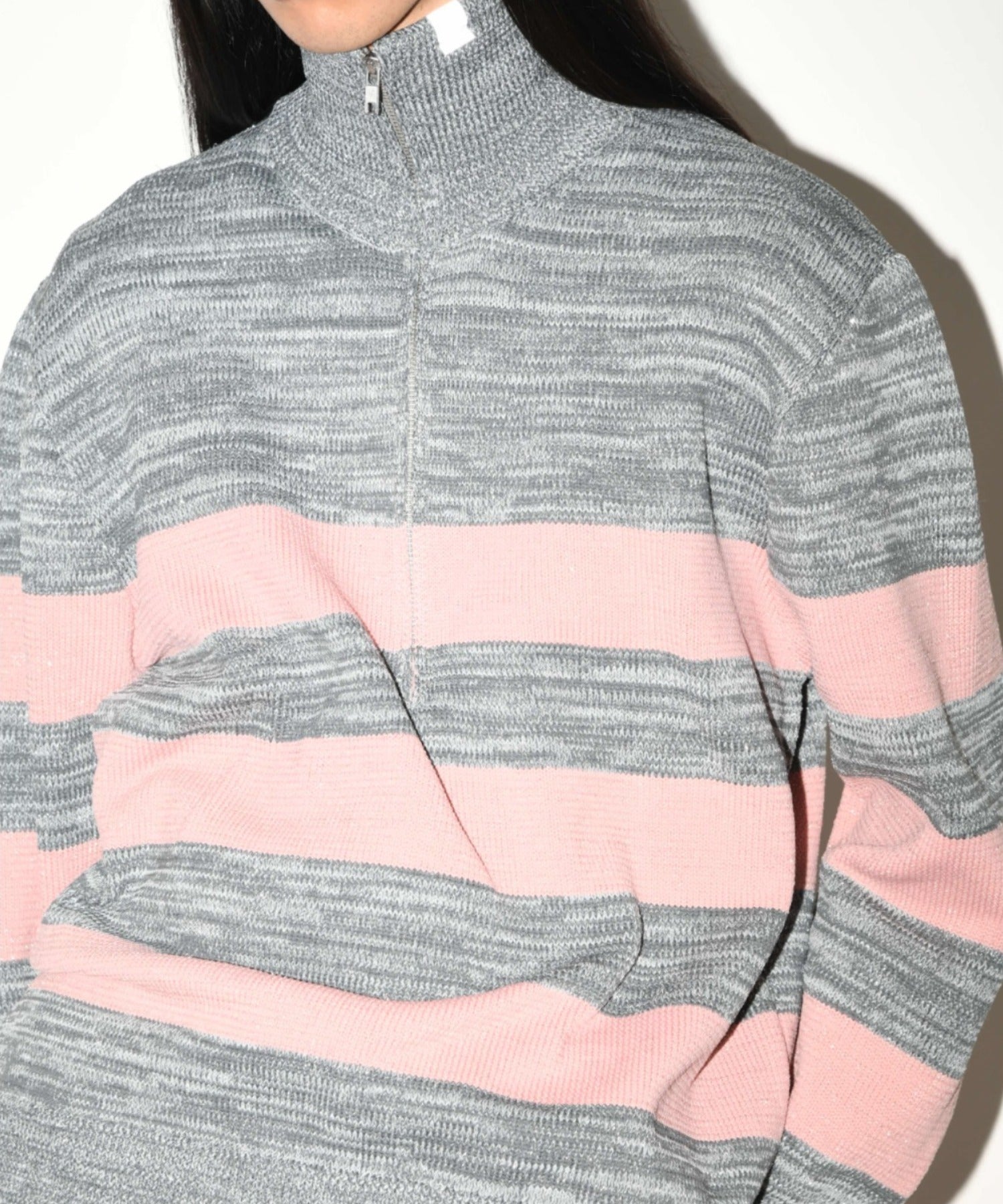 Glitter mix half zip border knit - gray mix