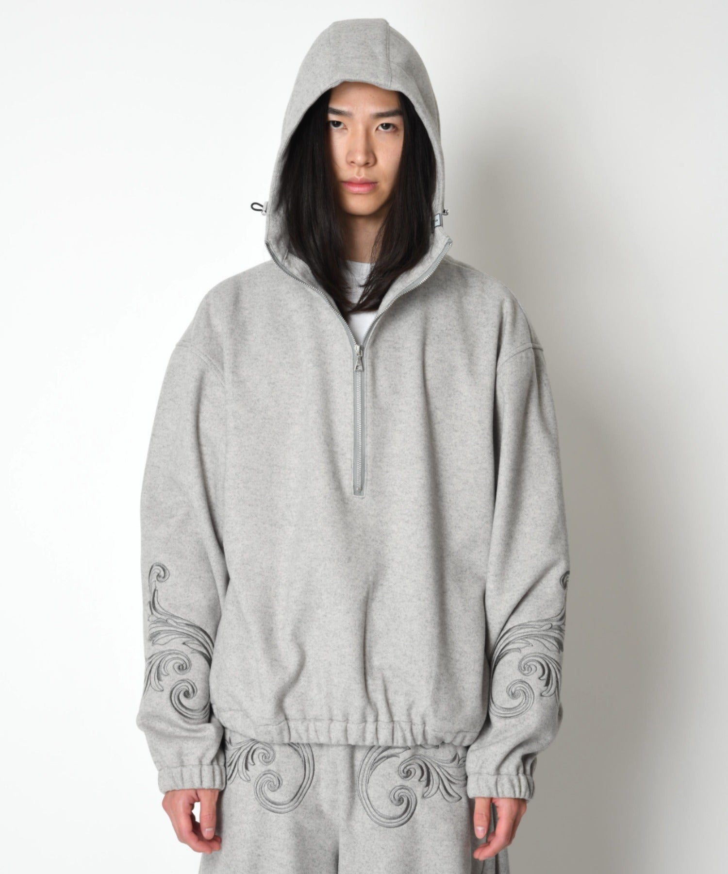 Stretch wool like Half zip hoodie (刺繍無)  - mix gray