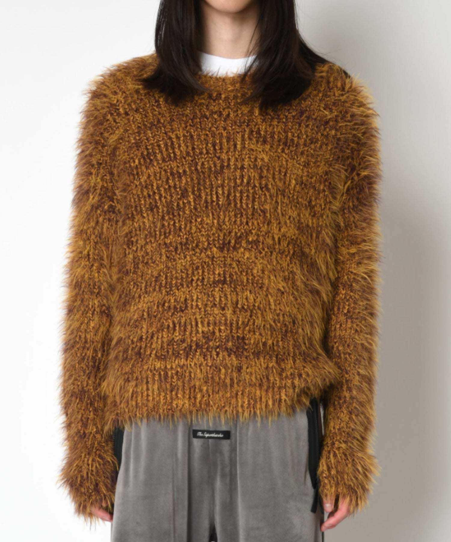 Crew neck volume shaggy knit - mustard/pr
