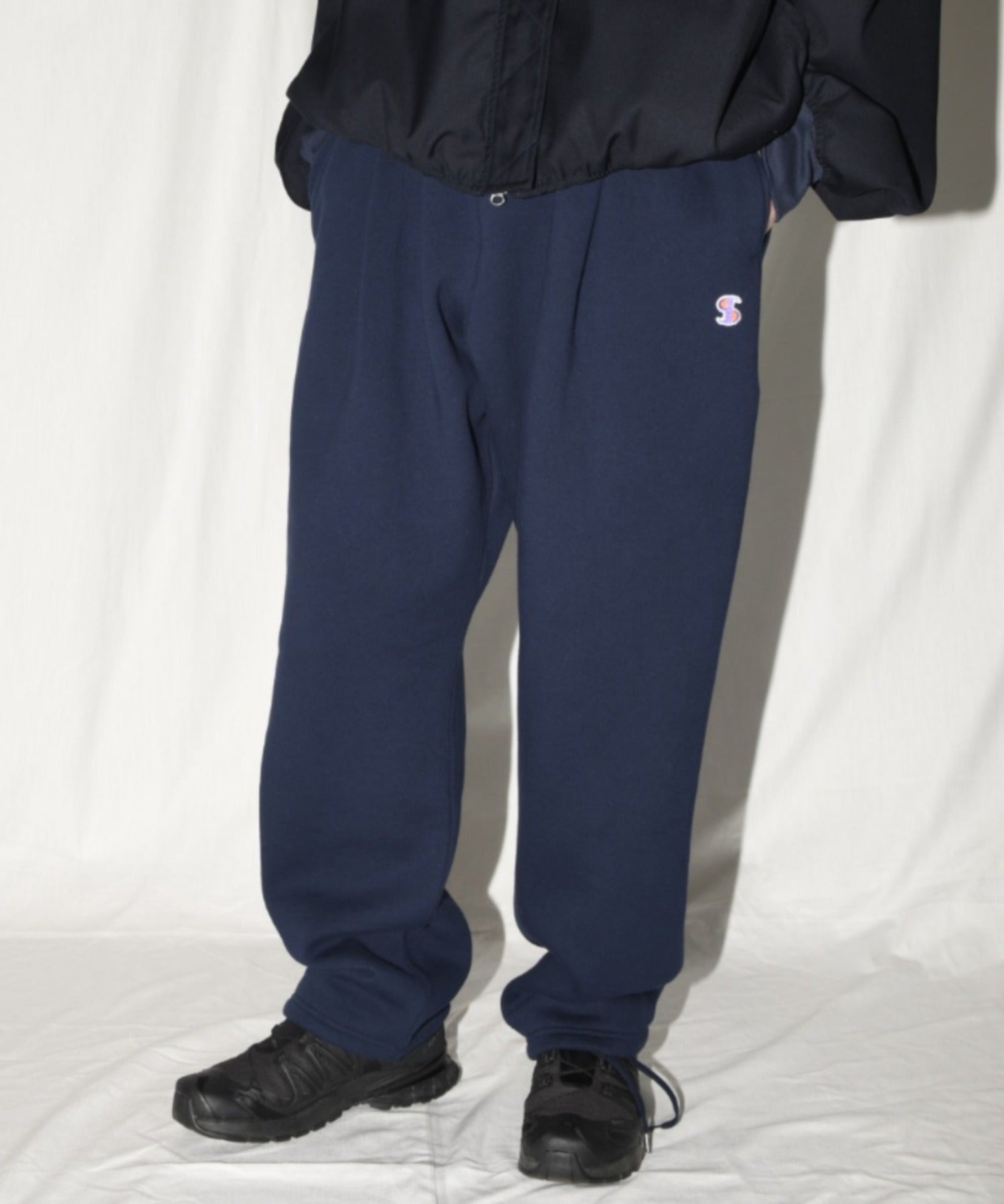 無地ワンポイント裏起毛スウェットパンツ/Wide sweat trousers - navy